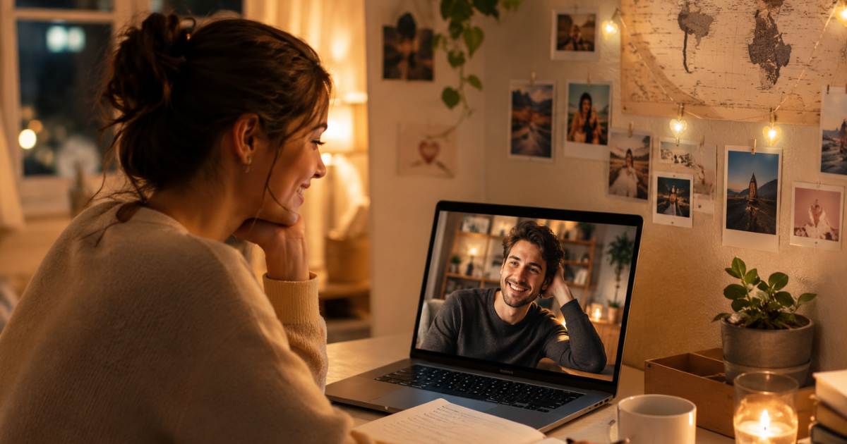 Femme échangeant avec son partenaire à distance par visioconférence