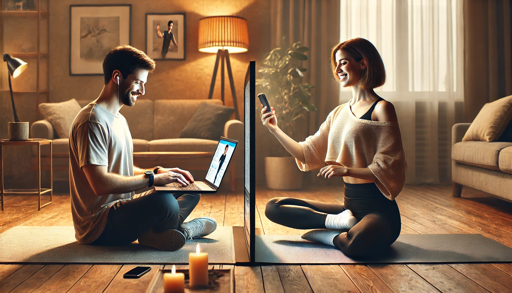 Image sur évolution des relations modernes avec un couple moderne , chacun avec ses activités mais toujours connectés.